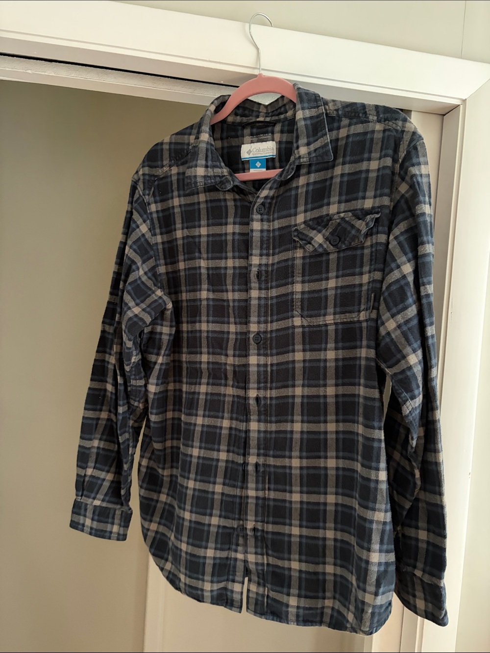 Columbia Men's Navy and Gray Plaid Button-Down Shirt
